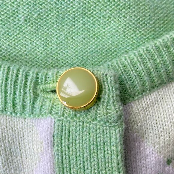 Talbots Cardigan Women M  Lime Green Yellow Argyle Cotton Silk Blend 3/4 Sleeve - Picture 7 of 14